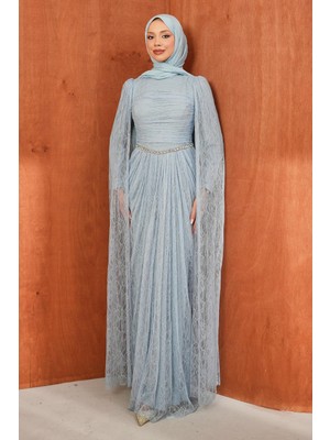 İmaj Butik Bebe Mavi Önü Büzgülü Taşlı Dantel Abiye