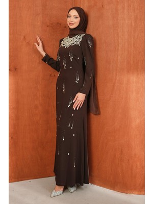 İmaj Butik Kahverengi Taşlı Balık Model Abiye