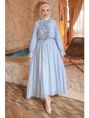 İmaj Butik Bebe Mavi Bel Lastikli Fırfırlı Elbise