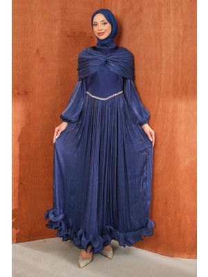 İmaj Butik Lacivert Omuz Detaylı Eteği Fırfırlı Abiye