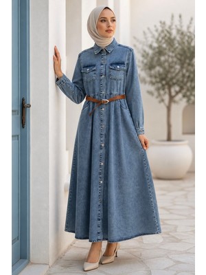İmaj Butik Mavi Kemerli Düğmeli Kot Elbise