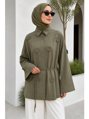 İmaj Butik Haki Lazer Kesim Çiçek Detaylı Modal Dokuma Gömlek