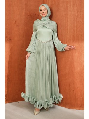 İmaj Butik Mint Yeşili Omuz Detaylı Eteği Fırfırlı Abiye