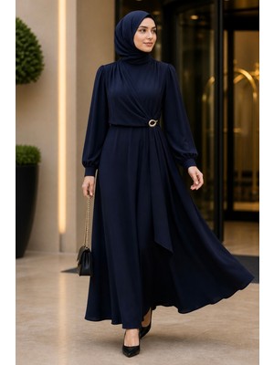 İmaj Butik Lacivert Yan Bağlamalı Tokalı Elbise