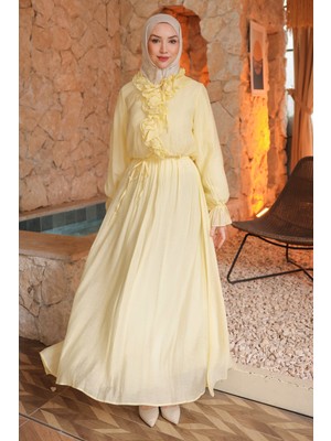 İmaj Butik Sarı Bel Lastikli Fırfırlı Elbise