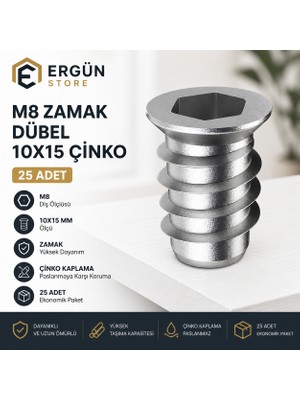 Ergün Store Metal Düz Dişli Dübel Ahşap Dübeli M8 10X15 Diş Çinko Mobilya Bağlantı Ünite Birleştirme (25 Adet)