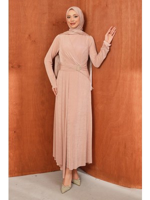 İmaj Butik Pudra Bel Tokalı Drapeli Abiye