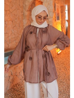İmaj Butik Kahverengi Yaka Bağlamalı Çiçek Motifli Gömlek