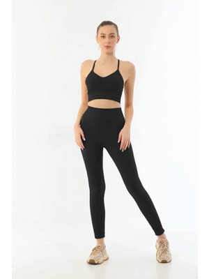 Marsilyan- Siyah  3921 Soft Seamless Ripli Tayt Yoga Takımı