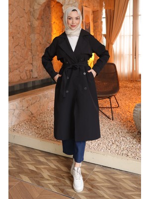 İmaj Butik Siyah Kruvaze Yaka  Kuşaklı Trençkot