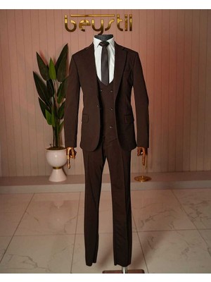 Beystil Kahverengi Mono Yaka Takım Elbise Nikol - Slim Fit