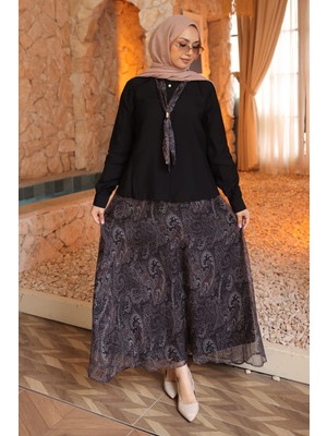 İmaj Butik Siyah Fular Detaylı Şifon Etekli Takım
