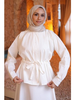 İmaj Butik Ekru Bel Büzgülü Omzu Pile Detaylı Gömlek