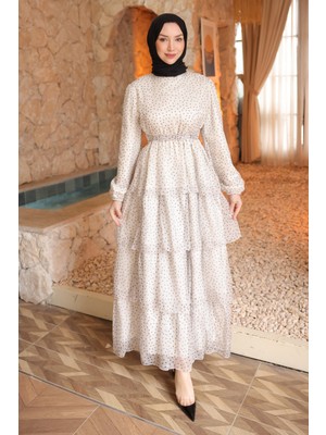 İmaj Butik Ekru Eteği Katlı Şifon Elbise