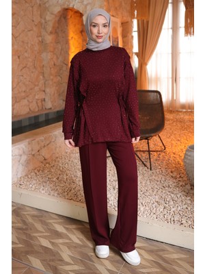 İmaj Butik Bordo Önü Taş Detaylı Yan Ip Bağlamalı Tunik Pantolonlu Takım