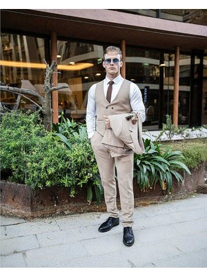Beystil Erkek Mono Yaka Krem Takım Elbise Porche - Slim Fit