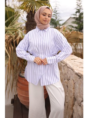 İmaj Butik Beyaz Bel Bağlamalı Çizgili Salaş Gömlek