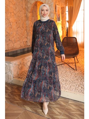 İmaj Butik Lacivert Kol Lastikli Şifon Elbise