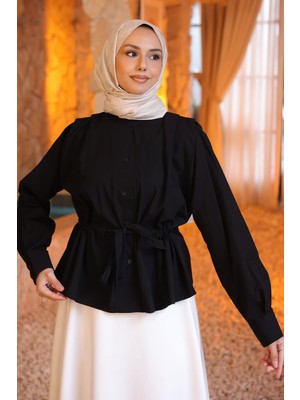 İmaj Butik Siyah Bel Büzgülü Omzu Pile Detaylı Gömlek