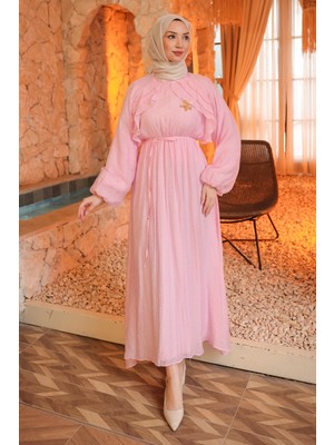 İmaj Butik Pembe Bel Lastikli Fırfırlı Elbise