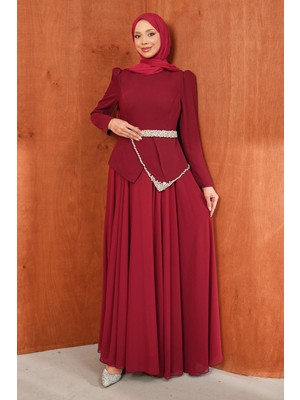 İmaj Butik Bordo Taş Detaylı Kemerli Abiye