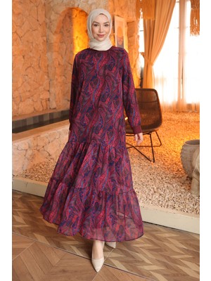 İmaj Butik Mürdüm Kol Lastikli Şifon Elbise