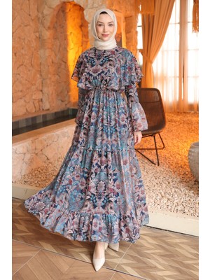 İmaj Butik Mavi Bel Lastikli Şifon Elbise