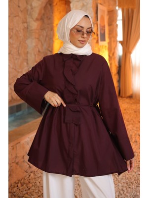 İmaj Butik Mürdüm Önü Piliseli Bel Bağlamalı Gömlek