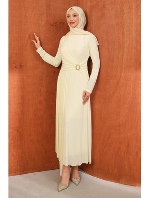 İmaj Butik Krem Bel Tokalı Drapeli Abiye