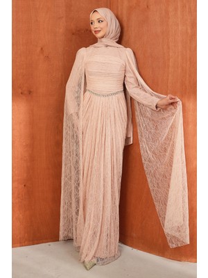 İmaj Butik Pudra Önü Büzgülü Taşlı Dantel Abiye