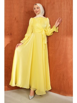 İmaj Butik Sarı Yan Bağlamalı Kol Detaylı Abiye