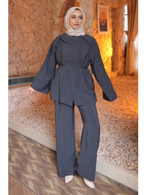 İmaj Butik Antrasit Bel Bağlamalı Tunik Pantolonlu Takım