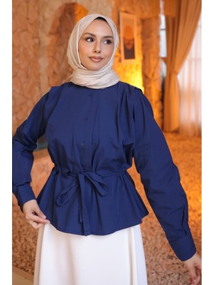 İmaj Butik Lacivert Bel Büzgülü Omzu Pile Detaylı Gömlek