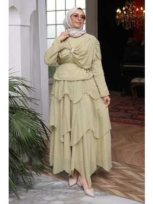 İmaj Butik Olive Bronşlu Omuz Pelerinli Eteği Katlı Takım