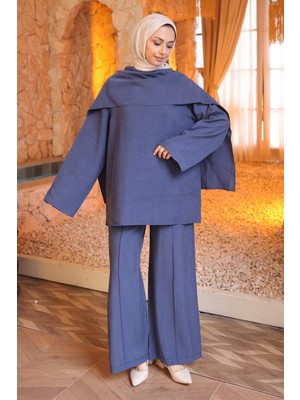 İmaj Butik Lacivert Şal Detaylı Tunik Pantolonlu Takım