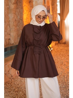 İmaj Butik Kahverengi Önü Piliseli Bel Bağlamalı Gömlek