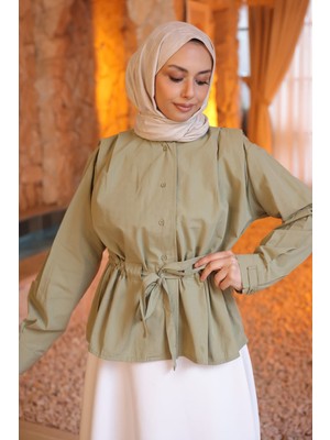 İmaj Butik Haki Bel Büzgülü Omzu Pile Detaylı Gömlek
