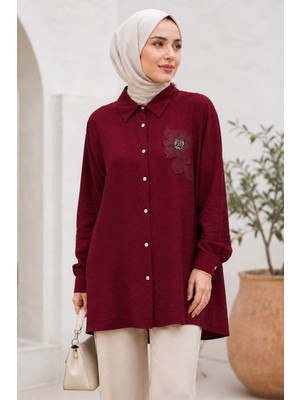 İmaj Butik Bordo Çiçek Detaylı Modal Gömlek