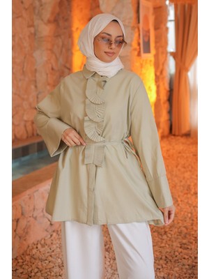 İmaj Butik Olive Önü Piliseli Bel Bağlamalı Gömlek