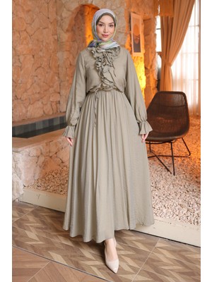 İmaj Butik Haki Bel Lastikli Fırfırlı Elbise