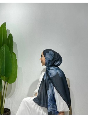 Aminenesil Ipeksi Soft Pamuk Çiçek Desen Şal Lacivert Renk Tuka