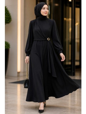 İmaj Butik Siyah Yan Bağlamalı Tokalı Elbise