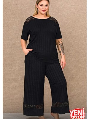 Lady Büyük Beden Siyah Omuzlar ve Paça Dantelli Kısa Kollu Uzun Pijama Takımı 10994
