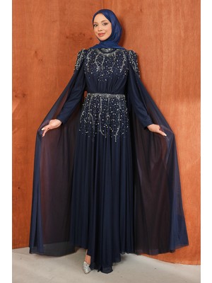 İmaj Butik Lacivert Omuz Pelerinli Taşlı Abiye