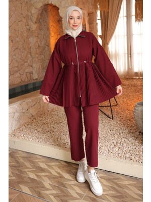 İmaj Butik Bordo Eteği Piliseli Tunik Pantolonlu Takım