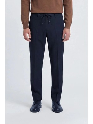 Giotelli Erkek Lacivert Dar Kesim Slim Fit Viskon Dokuma Yan Cep Bağcıklı Bel Pantolon