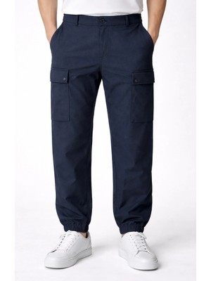 Giotelli Erkek Koyu Lacivert Normal Kesim Regular Fit Viskon Dokuma Kargo Cep Normal Bel 6 Drop Pantolon