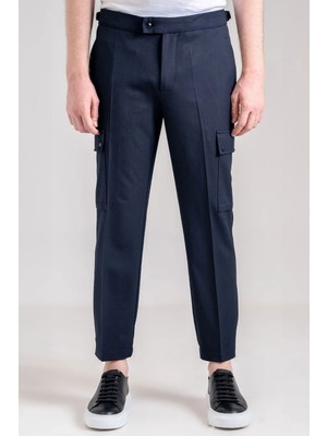 Giotelli Erkek Lacivert Dar Kesim Slim Fit Yünlü Dokuma Kargo Cep Normal Bel 6 Drop Pantolon