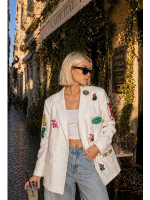 İbeeka Patch Detaylı Oversize Blazer Ceket Beyaz Çift Düğmeli Street Style - Beyaz - L - ST01125-BEYAZ-L