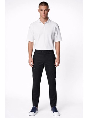 Giotelli Erkek Siyah Dar Kesim Slim Fit Viskon Dokuma Kargo Cep Normal Bel Pantolon